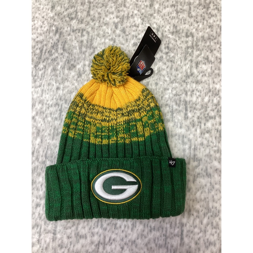 47 Brand Green Bay Packers NFL Cascade Cuff Knit Beanie Hat Pom Green Gold OSF